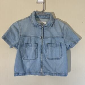 American Eagle Light Wash Zip Front Cropped Denim Jean Shirt Festival Small‎